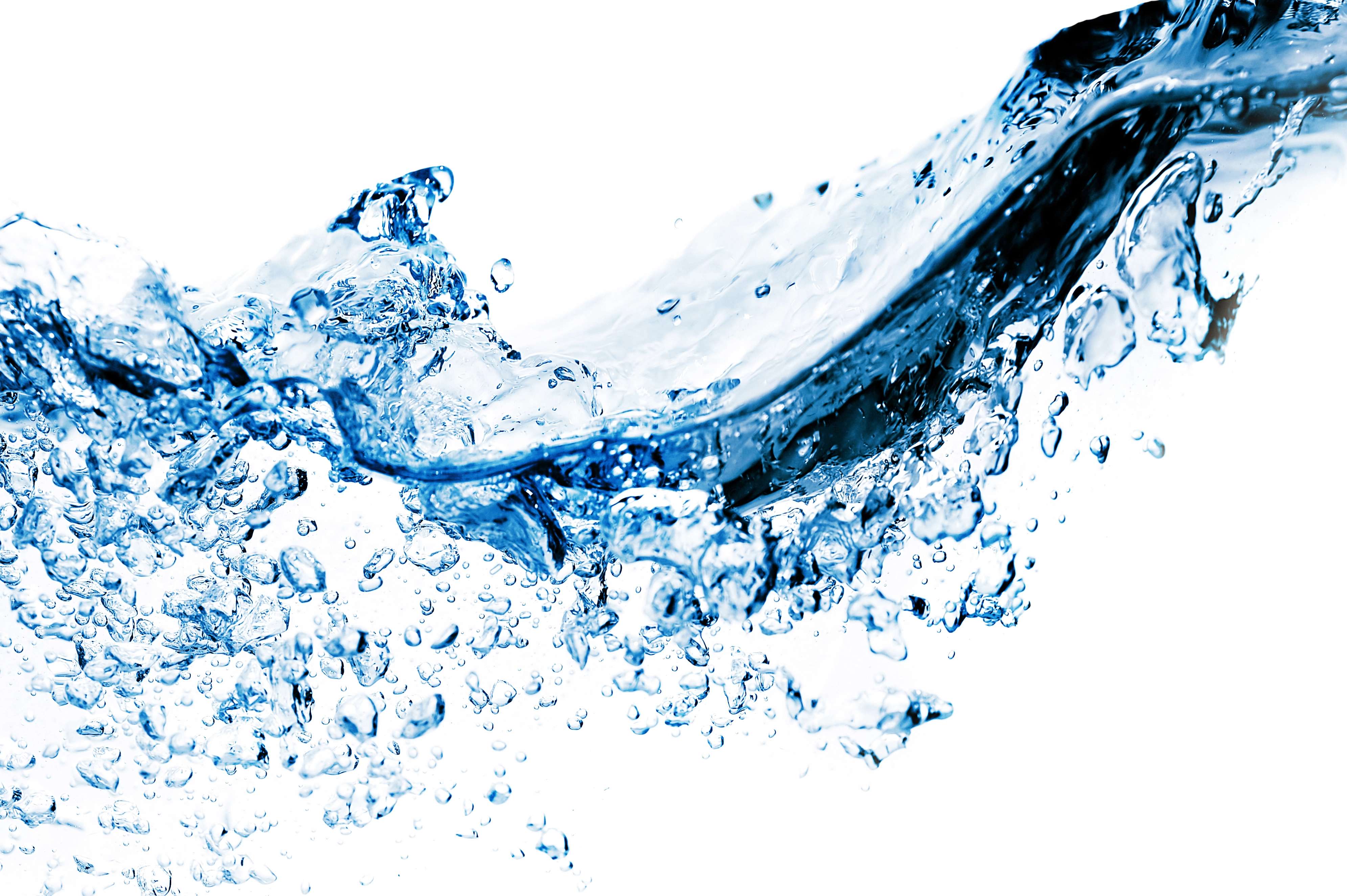 Clear, flowing water splashing in motion, representing clean, filtered drinking water and water purification quality.