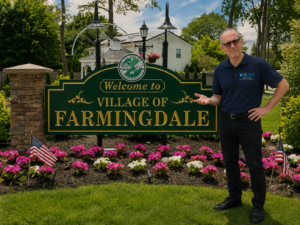 Ross from Long Island Clean Water Service sanding in front of a sign that reads "Welcome to VILLAGE OF FARMINGDALE".