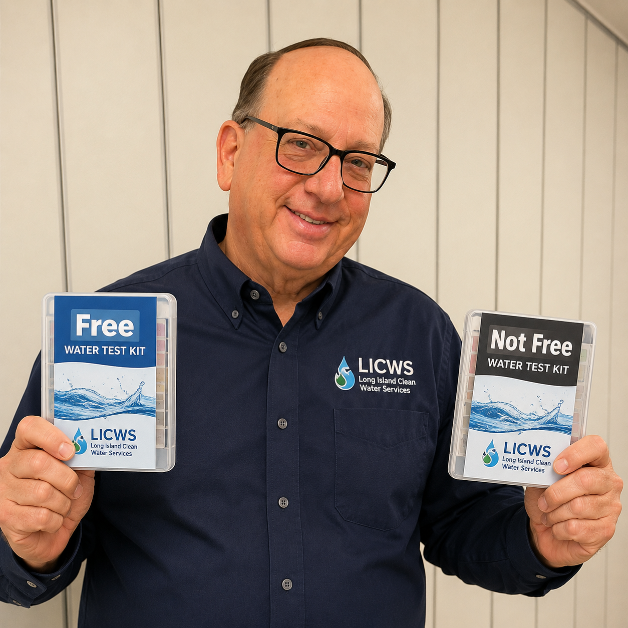 Mark, founder and president of Long Island Clean Water Service, holding a free water test kit and a 