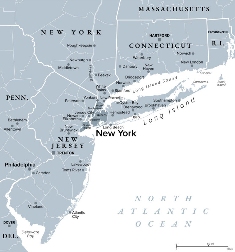 New York metropolitan area, Greater New York or Tri-State area, gray map